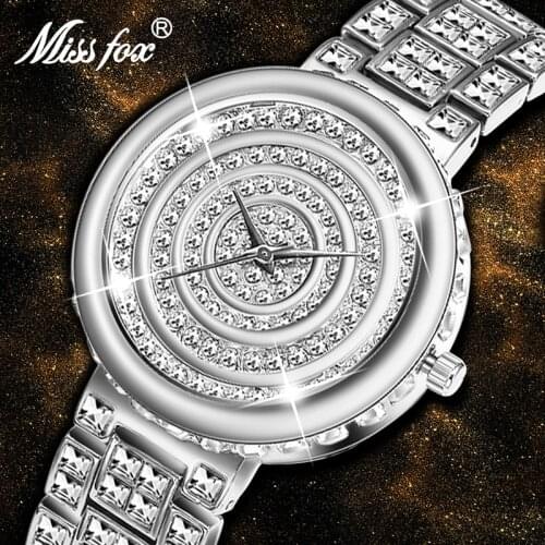 MISSFOX Watch Women Wrist Expensive Full Diamond BlingBling Big Dial Watches Sliver Color Waterproof Costume Jewelry For Women