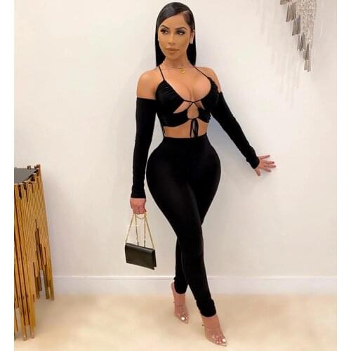 Women Spaghetti Strap Tube Tops Sexy Hollow Out Drawstring Open Back Off Shoulder Long Sleeve 2 Piece Outfits Plus Size Pant Set