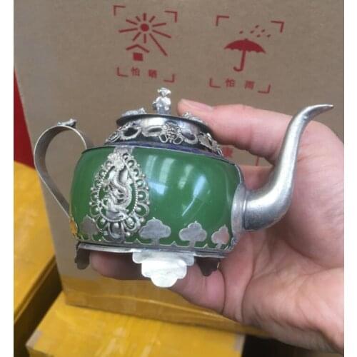 Ancient Exquisite Antique Tibet Silver Green Jade "good health" Word Teapot decoration Tibetan Silver word Wholesale bronze
