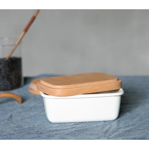Japanese style porcelain enamel food storage box kitchen preservation bowl square simplified butter lunch box mess tin crisper