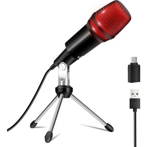 Type-C USB Cardioid Microphone with Led for Video Instrument Recording Andriod&iOS PC Mic for Karaoke Mobile Voice Over ZOOM