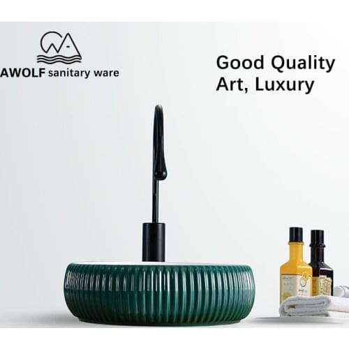 Ceramic Bathroom Sinks 400*400*130mm Round Art Basin Sink Dark Green Lavatory Modern Vessel With Drain and Solf Hose AM808