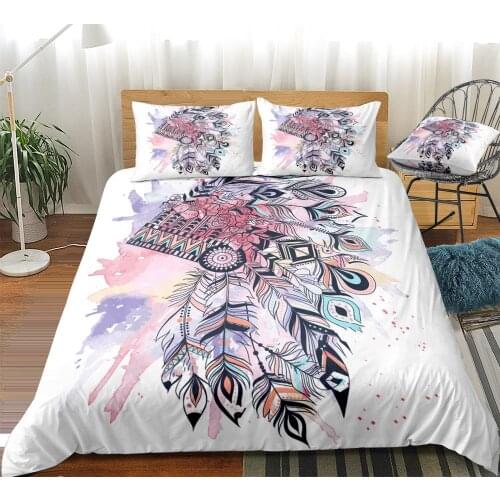 Pink Feather Bedding Set Aboriginal Style Duvet Cover Set Water color Beds Set Home Textiles Microfiber For Kids Teens Bedspread