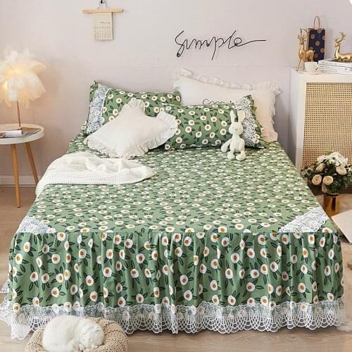 Korean Princess Style Bed Skirt Lace Decor Floral Print Bed Sleeping Sheet Full Queen Size Student Adults Bedspread for Girls