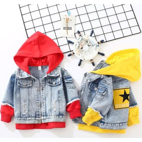 2020 Boys Denim Stitching Jacket Spring Autumn Children Hooded Coats Kids Girls Casual Sports Sweatershirts Boys Windbreakers