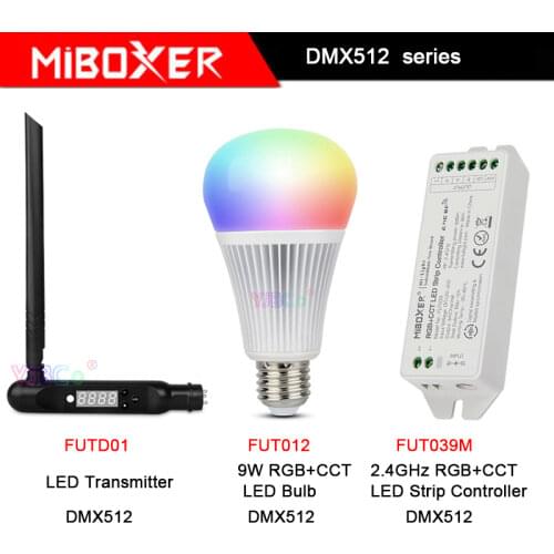 Miboxer DMX512 control series FUT012 9W E27 RGB+CCT LED Light Bulb,FUTD01 DMX 512 LED Transmitter,FUT039M LED Strip Controller