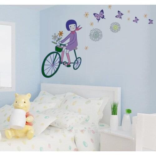 Cute cartoon cycling girl wall sticker PVC Material DIY waterproof wall decals for Childrens room bedroom home decor sticker