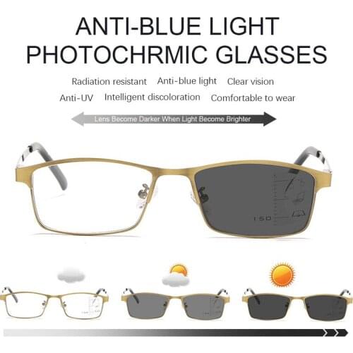 New smart Photochromic Reading Glasses unisex Progressive Multifocal Anti-blue light near dual-use Presbyopic Eyewear Metal 1.5