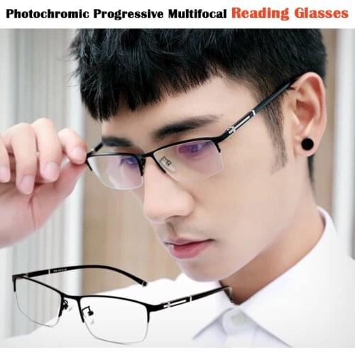Half Frame Progressive Multifocal Reading Glasses Men Photochromic Anti Blue Light UV Protection Presbyopic Glasses +1.5 2.5