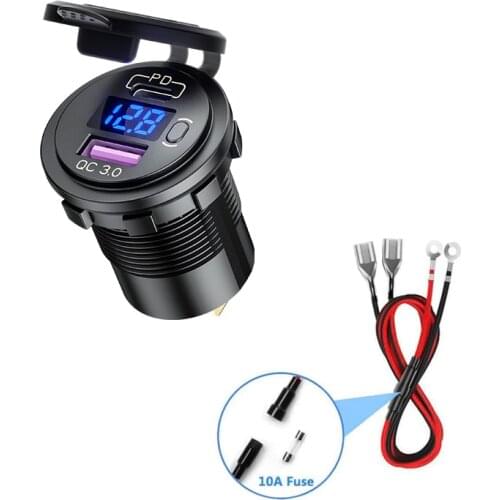 PD Type C USB Car Charger Switch QC 3.0 Quick Charger Waterproof 36W Charger Power Delivery Voltmeter With 10A Fuse 60cm Cable