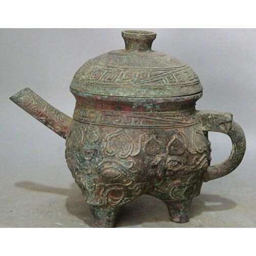 Song voge gem S1802 12" Old Ancient Chinese Bronze flower handle vessel teapot Wine Tea Pot Flagon