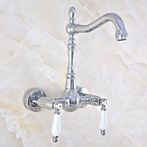 Polished Chrome Brass Wall Mount Kitchen Sink Faucet Swivel Spout Mixer Tap Dual Ceramics Handles Levers anf563