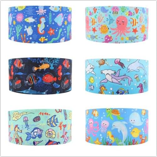 Q&N ribbon 50yards Shark Ocean World cartoon printed grosgrain FOE Ribbon Accessory hairbow Christmas Halloween decoration