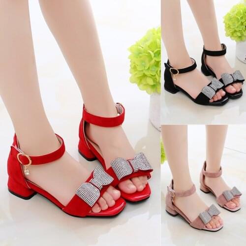 Girls summer pearls sandals 2021 High heels Childrens Student Bow-knot Princess Casual Beach Shoes 5 6 7 8 9 10 11 12 Years old
