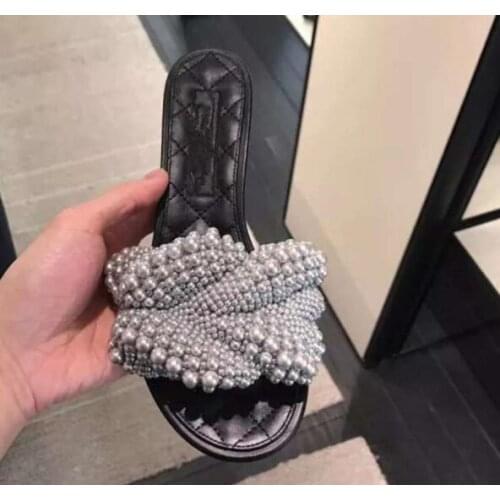 Carpaton Sexy Woman Shoes Summer Grey Pearls Beaded Flat Slippers Leather Casual Shoes Beach Wearing Woman Slides