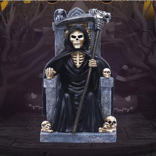 Halloween Resin Death, Grim Reaper Statue Sitting On Skeleton Throne Figurine Decoration