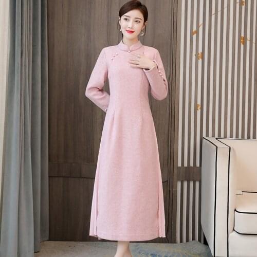 Traditional Chinese New Year Clothes For Woman Winter Thick Long Improved Cheongsam Dress Vintage Wool Female Qipao 12019