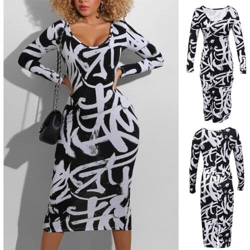 Spring Irregular Black and White Print Dress Fashion Slim Round Neck Dress