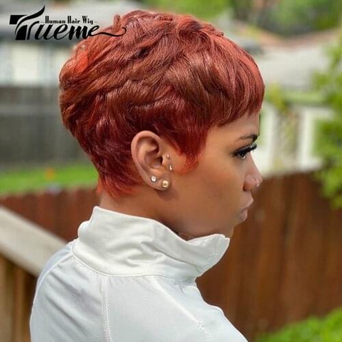 Trueme Short Pixie Cut Cute Wig 613 Blonde Blue Red Color Wavy Wave Brazilian Remy Human Hair Full Fashion Wigs For Women