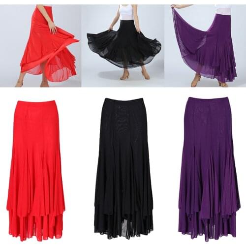 Lady Ballroom Dance Skirt Waltz Flamenco Costume Elastic Waistband Big Swing