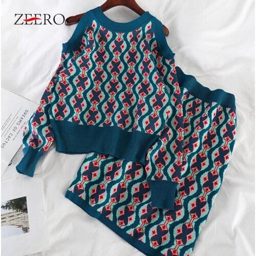 Autumn Knitted 2 Pieces Set Women Jacquard Sexy Off Shoulder Long Sleeve Sweater Jumpers + Mini Bodycon Skirts Set Matching Sets