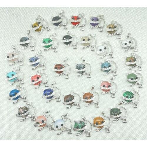 Natural Stone Quartz Crystal Turquoise Animal Silver Alloy charm Cat Pendant For DIY Jewelry Making Necklace Accessories 10pcs