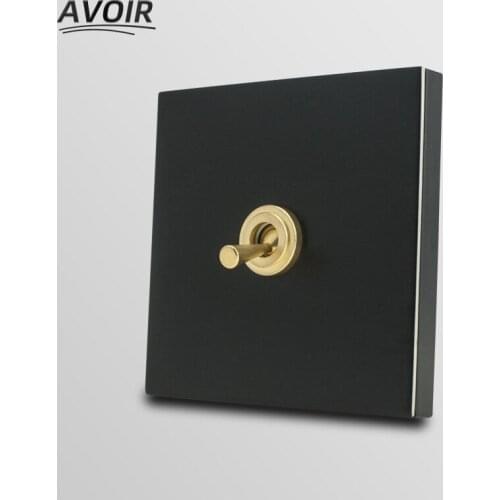 Avoir Wall Light Switch Retro Toggle Switch 1 2 3Gang Brass Lever Stainless Steel Black Panel Electrical Outlet 3 5 Hole Sockets