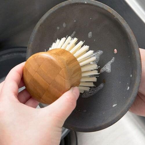 Bamboo Round Mini Palm Scrub Brush Nylon Bristles Cleaning Scrubber Wash Dishes, Pots, Pans Vegetables for Kitchen Sink