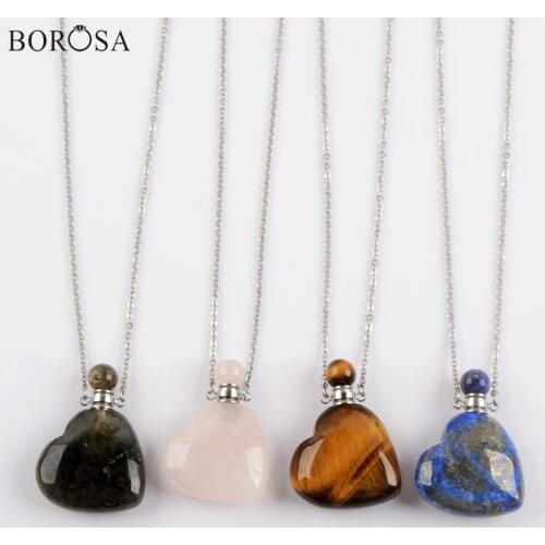 BOROSA Natural Stone Heart Perfume Bottle Pendant Women 19'' Silver Plated Crystal Necklace Gems Essential Oil Charms WX1616