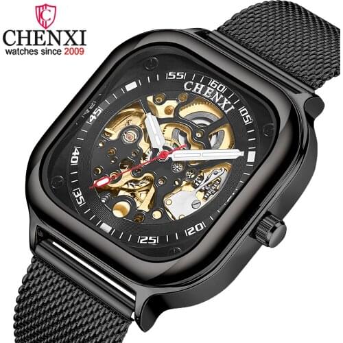 CHENXI Brand Top Mechanical Wristwatch Square Mesh Band Black Automatic Watch Waterproof Business Design For Man Clock