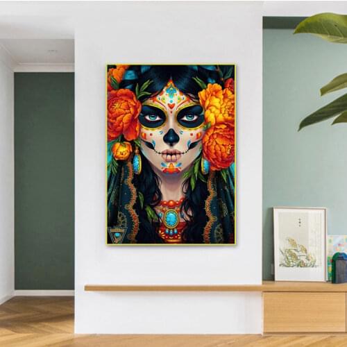 Day Of The Dead Flowers And Beauty Skull Posters And Prints Woman Halloween Canvas Painting Abstract Decoration Wall Art Picture