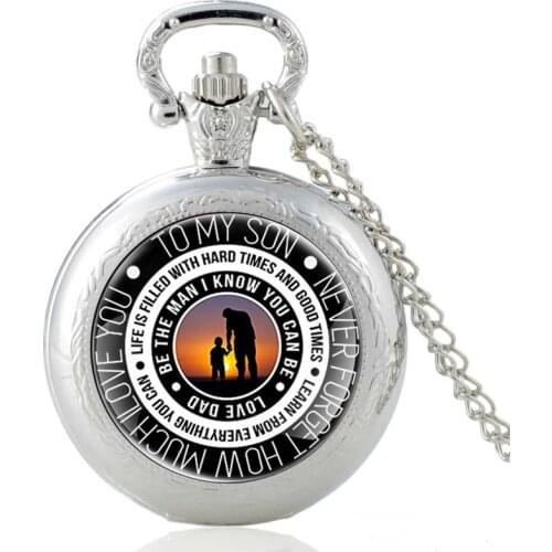 Family Member To My Son Design Glass Cabochon Quartz Pocket Watch Vintage Men Boy Pendant Necklace Chain Clock