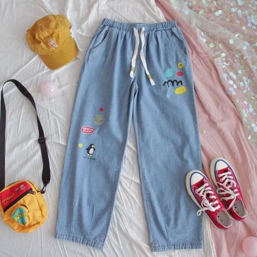 Japanese Spring Winter Jeans Women Loose Harajuku Childlike Elastic Waist Trousers Girl Cute Cartoon Print Straight Leg Pant