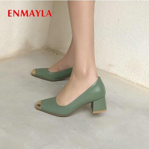 ENMAYLA Woman Shoes Slip-On Casual High Heels Spring/Autumn Fashion Pumps Ladies Shoes Basic Genuine Leather Square Toe 34-43