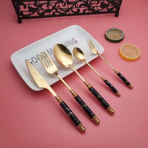 Hot sale ceramic handle black gold marble Pattern court 304 stainless steel knife fork spoon 4pcs set tableware dinnerware