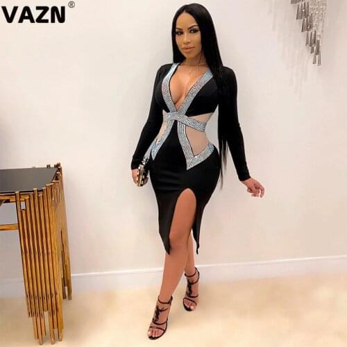 VAZN 2020 Hot Plus Size Diamonds High-end Sexy Club Open Hollow out Solid Full Sleeve Women High Waist Thin Midi Dress