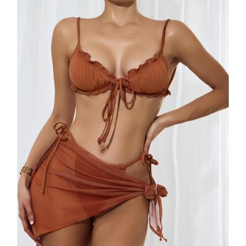 2021 Yiiciovy New Summer Sexy Women 3pcs Bikini Sets Fashion Beach Bandage Ruffles Bikinis +Cover-Ups Sets Beachwear Swimsuits