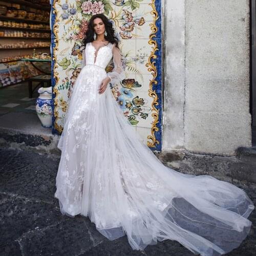 Long Sleeve Deep V-neck Backless Beading Crystal Waist Tulle Lace Elegant Mermaid Wedding Dresses Vestido De Noiva Sereia