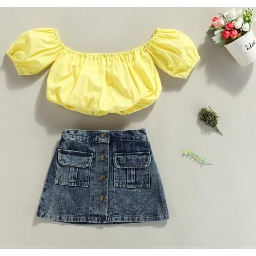 Summer Toddler Kids Girls Clothes 2PCS Outfit Short Sleeve Off Shoulder Tops + Button Denim Skirt Set