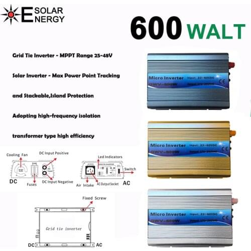600W MPPT Micro Grid Tie Inverter 30V 36V Panel 72 Cells Function Pure Sine Wave 110V 220V Output On Grid Tie Inverter 22-60V DC