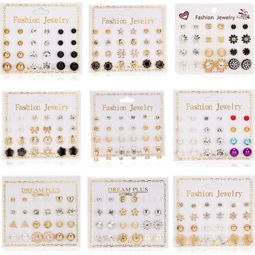 12 Pairs/set Collocation Stud Earrings Set Zircon Balls Love Flower Imulated Pearl With Card Irregular Sculpted Geometry Earring