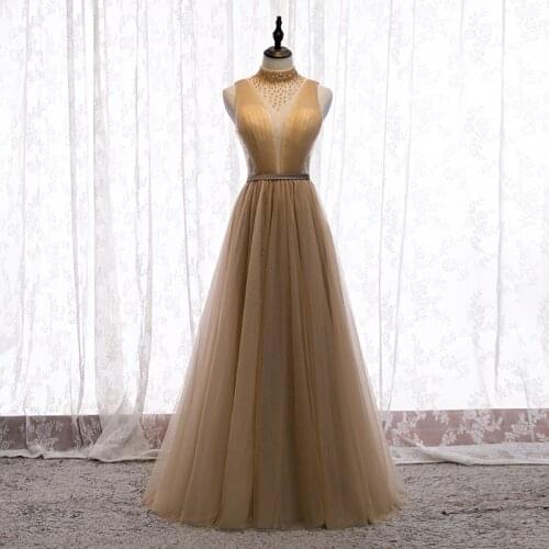 New High Neck Evening Dress Elegant Beads Bling A-Line Floor-Length Sleeveless Simple Lace Up Tulle Party Formal Gown Woman B298