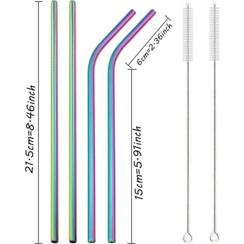Rainbow Straight Bent Drinking Straw 18/10 Stainless Steel Metal Straw With Cleaner Brush For Mugs Coffee Bar Party Accessories