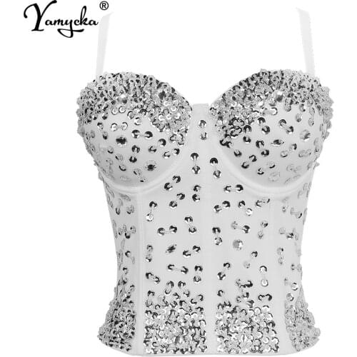 Sexy white Sequin bustier corset crop top women summer Party halter tank y2k top Push Up bra clubwear Cropped tube womens tops