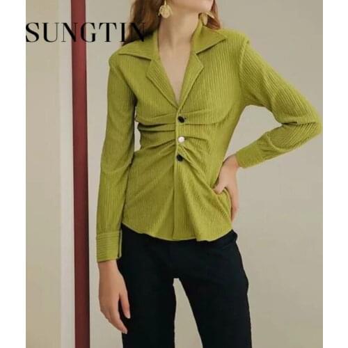 Sungtin Fashion Turn Down Pullover Women Korean Pleated Casual Sweater Solid Single Breasted Long Sleeve Sweaters 2021 Spring