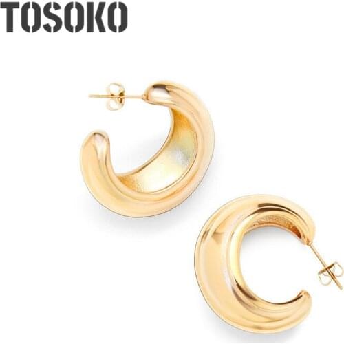 TOSOKO Stainless Steel Jewelry Design Sense C-Type Texture Earrings Autumn Winter Minimalist Exaggerated Hip Hop Earrings BSF229
