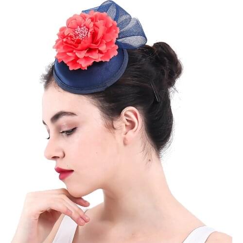 Vintage Navy Hair Fascinators For Female Weddings Hat Elegantes Flower Hair Accessories With Hair Brooch Bridal Mesh Headwear