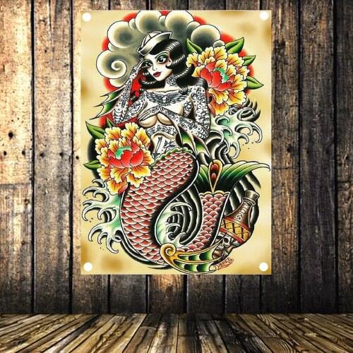 Mermaid Vintage Banners Flag 4 Gromments in Corners Canvas Painting American Neo Traditional Tattoo Gun Art Poster Tapestry