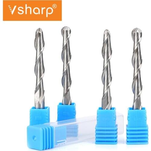 Vsharp 2pcs 3.175mm Shank Double Flute Ball Nose End Mill Tungsten Head Spiral Milling Cutter CNC Engraving Tool Router Bits