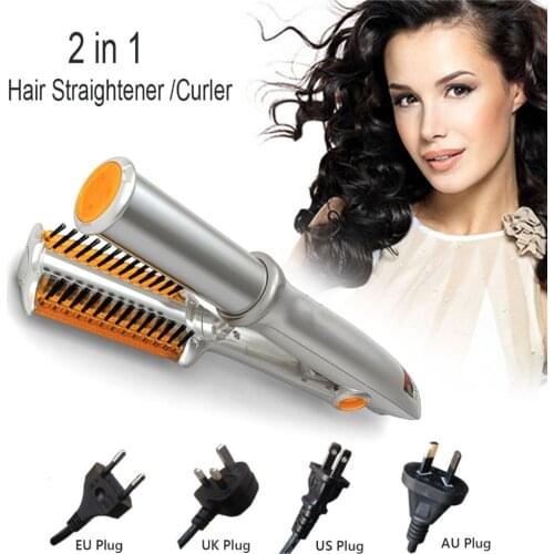 2 in 1 Hair Straightener Iron Curling Curler Portable Adjustable Temperature Ceramic Curling Iron Wand Roller Hairdressing Tool